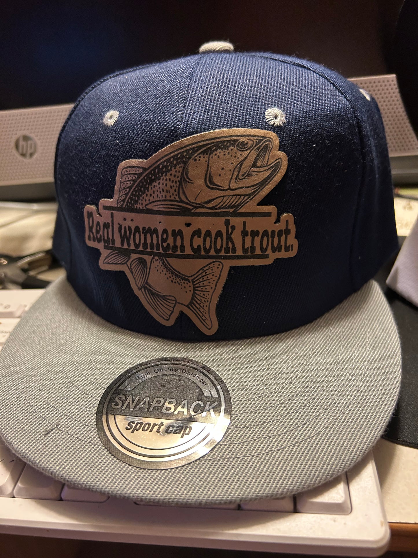 Real girls cook trout leather patched snapback hat.