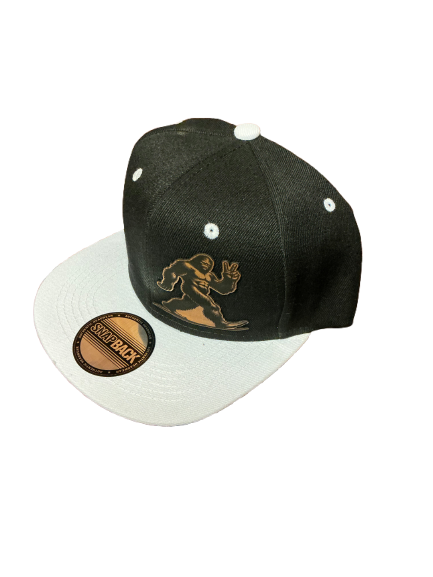 Sasquatch Bigfoot, black and gray bill snapback cap hat give them the peace sign