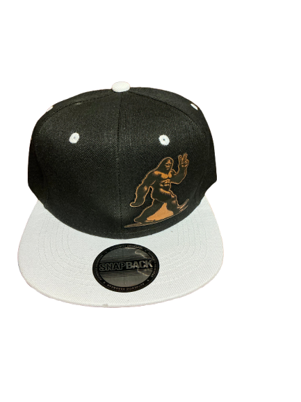 Sasquatch Bigfoot, black and gray bill snapback cap hat give them the peace sign