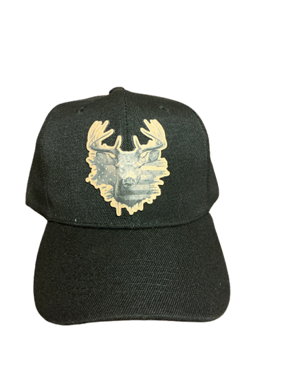 Deer with us American flag with buck in front hat