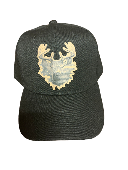 Deer with us American flag with buck in front hat