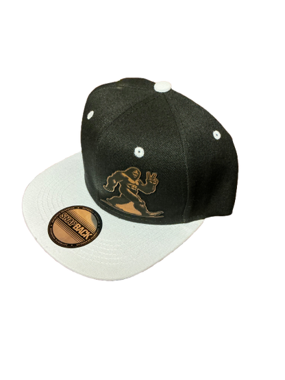 Sasquatch Bigfoot, black and gray bill snapback cap hat give them the peace sign