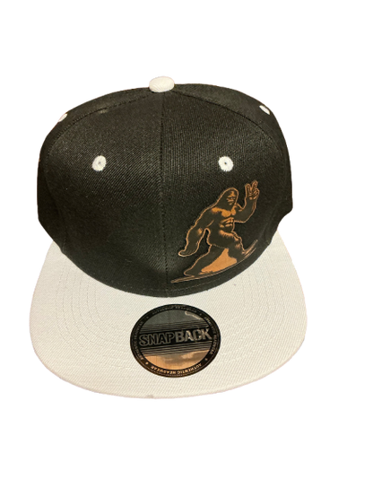 Sasquatch Bigfoot, black and gray bill snapback cap hat give them the peace sign