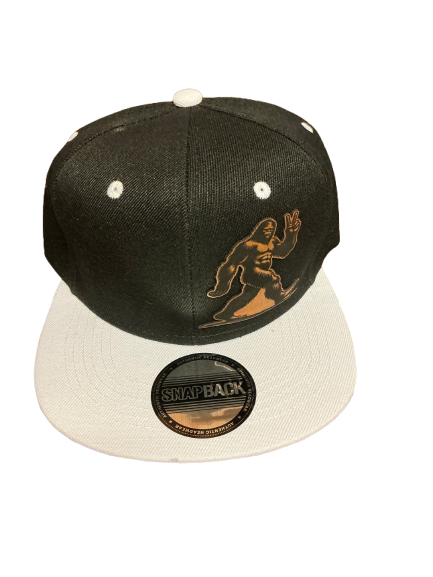 Sasquatch Bigfoot, black and gray bill snapback cap hat give them the peace sign