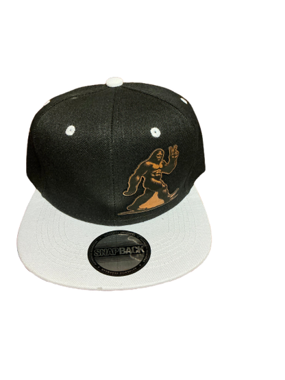 Sasquatch Bigfoot, black and gray bill snapback cap hat give them the peace sign