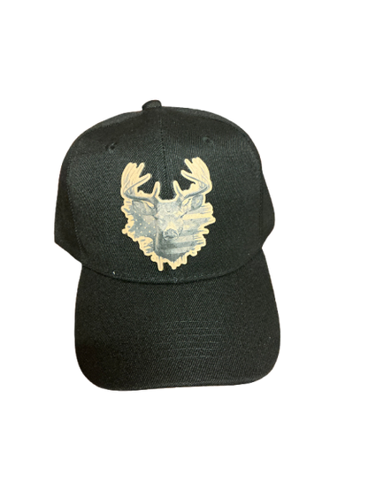 Deer with us American flag with buck in front hat