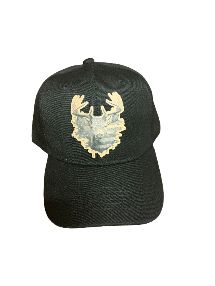 Deer with us American flag with buck in front hat
